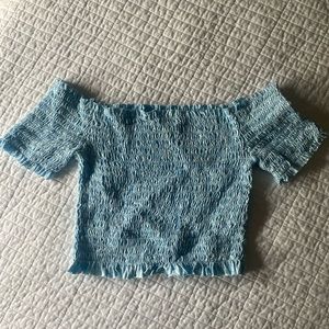 Blue fringe crop top with off the shoulder